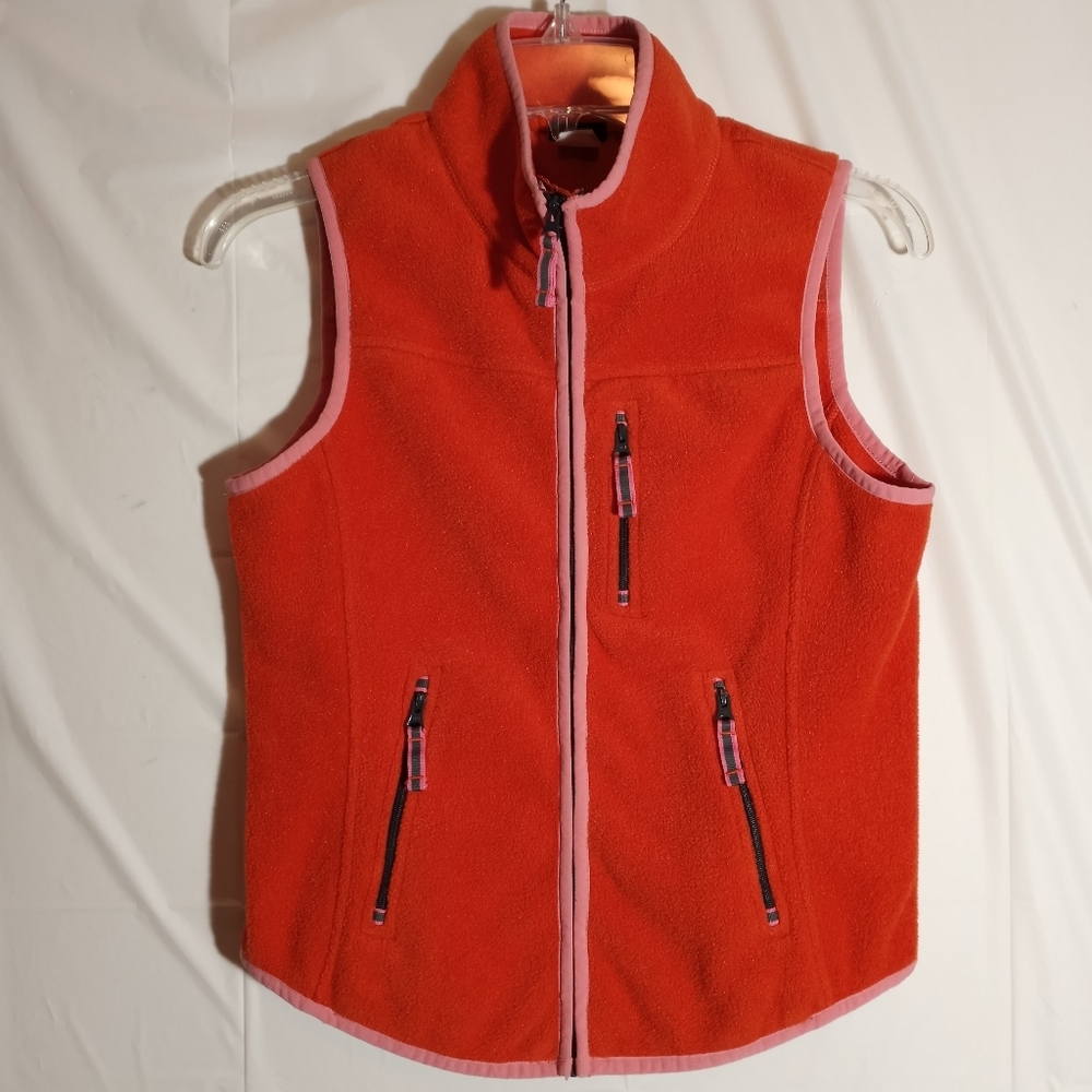 J. Crew Polartec Fleece Vest Orange & Pink Trim Zip Front Size Small